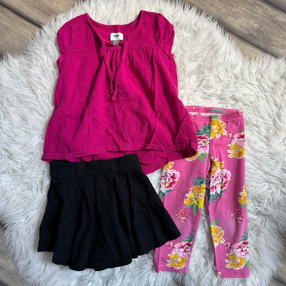 Girls 5T Pink Top with Black Skirt and Floral Leggings Set